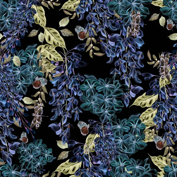 Wisteria ve plumbago çiçekleri ile güzel suluboya dikişsiz desen.