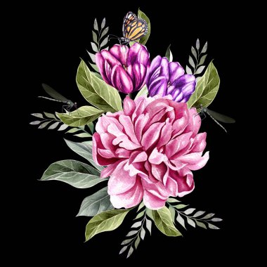 Lale ve şakayık ile suluboya buket. 