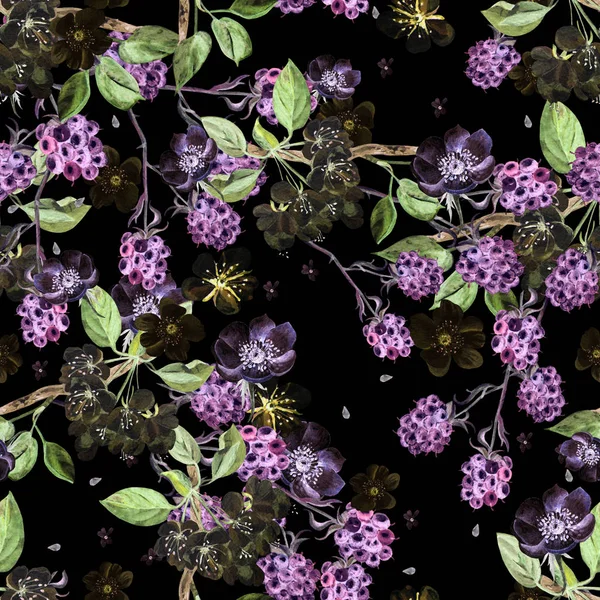 Belo padrão de mola aquarela com amora e flores anêmona  . — Fotografia de Stock