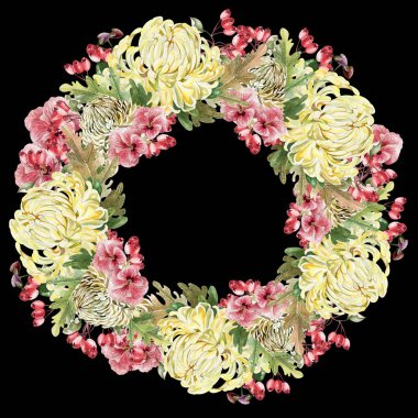 Güzel suluboya düğün çelenk ile suluboya krizantem ve pansies fllowers, yaprakları ve Kuşburnu. 