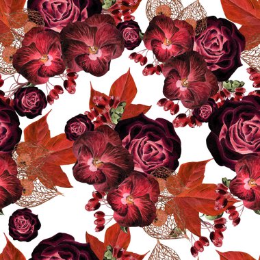 Sonbahar yaprakları, pansies ve gül çiçekleri, kuşburnu ile güzel suluboya deseni. 