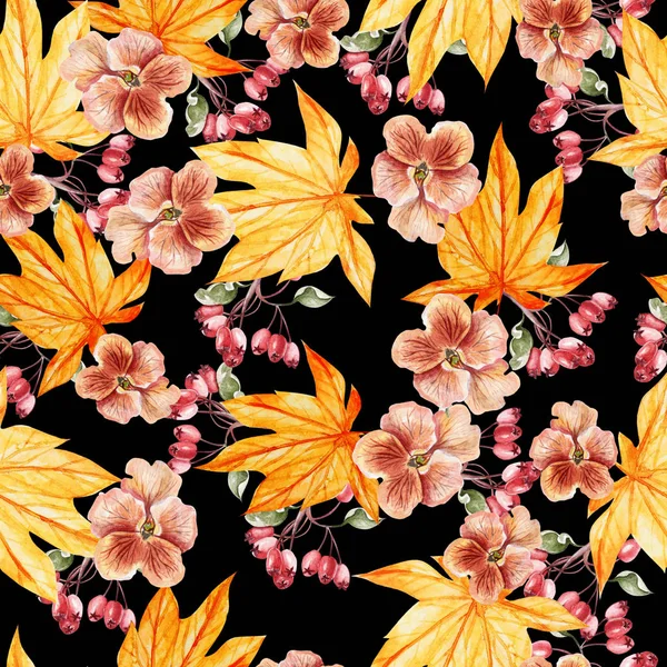 단풍, 팬지 꽃과 로즈 힙 아름 다운 수채화 패턴. — 스톡 사진