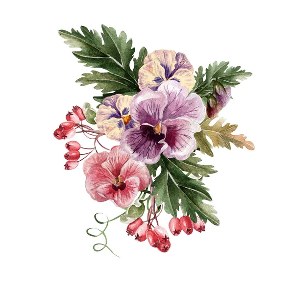 Suluboya pansies ve kuşburnu ile güzel suluboya sonbahar buketi.  