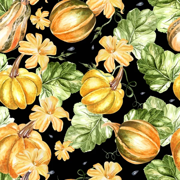 Bright watercolor seamless pattern with pumpkin vegetables and flowers. — Stock Photo, Image