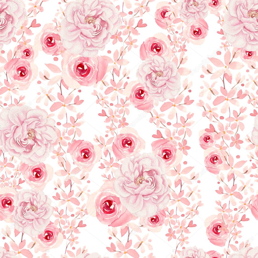 Bright colorful seamless pattern with flowers of roses and peony. 