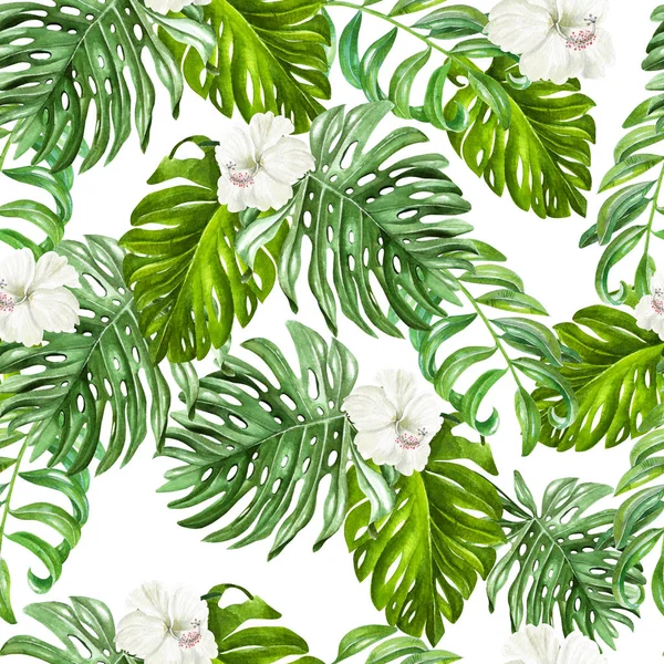 Beautiful watercolor tropical pattern with hibiscus flowers and tropical leaves. — Stock Photo, Image