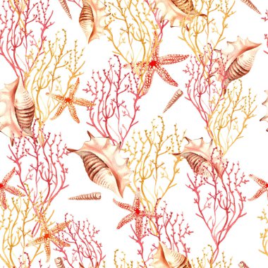 Mercan ve kabuk ile parlak renkli dikişsiz desen. 