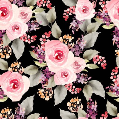 Gül ve meyve çiçekleri ile parlak renkli dikişsiz desen.