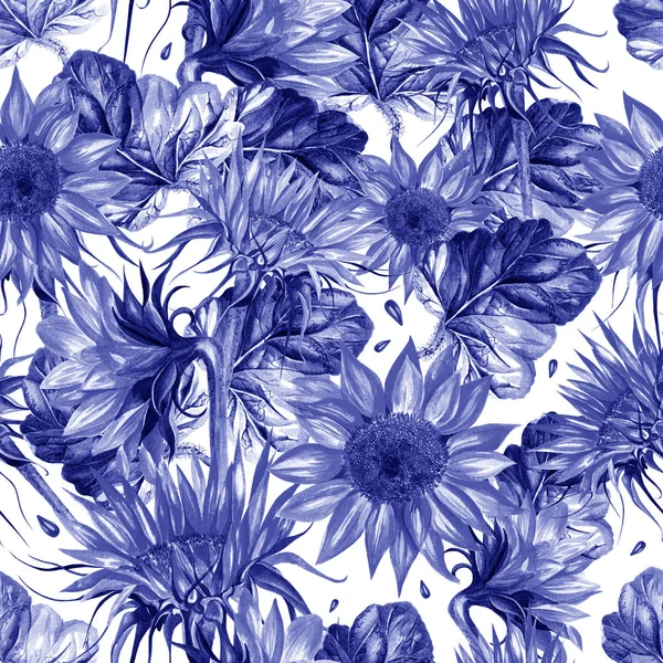 Schönes Aquarell nahtloses Muster mit Sonnenblumen und Blättern. — Stockfoto