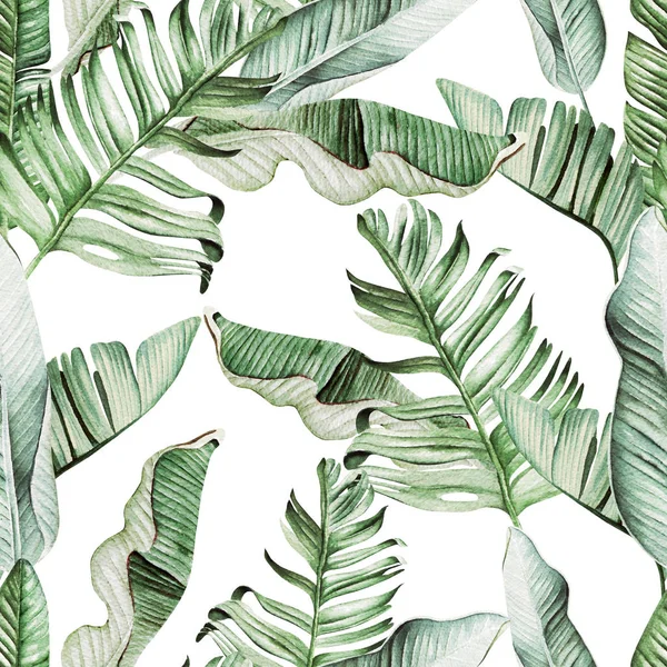 Beautiful watercolor seamless pattern with tropical leaves and banana leaves. — Stock Photo, Image