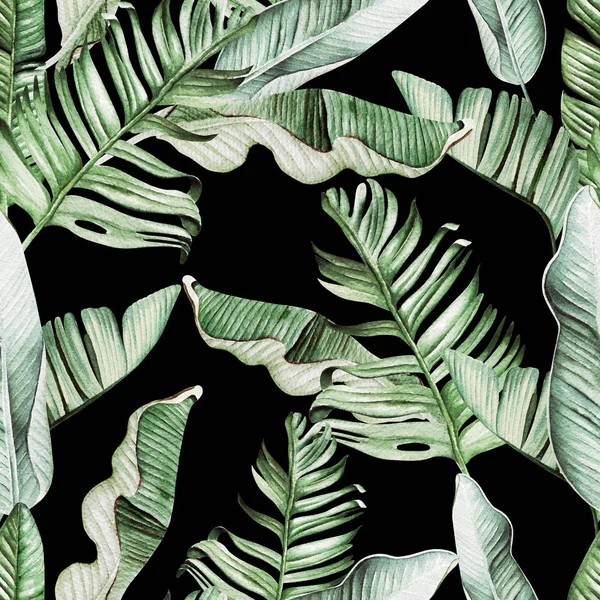 Beautiful watercolor seamless pattern with tropical leaves and banana leaves. — Stock Photo, Image