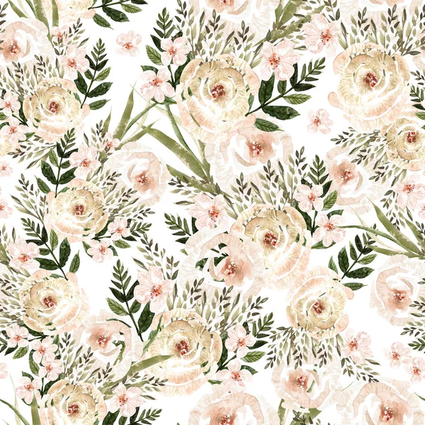 Beautiful Watercolor seamless pattern with roses flowers and herbs. — Stock Photo, Image