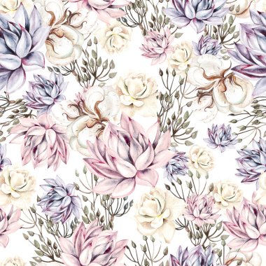 Suluboya lezzetli sorunsuz desen. Nesnelerle dikişsiz doku: bitkiler, sulu, gül, pamuk. El boyalı vintage bahçe arka plan.