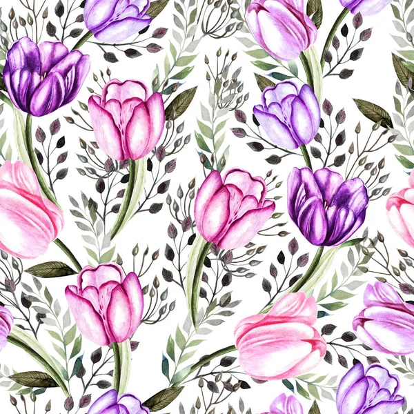 Watercolor wedding pattern with tulip and herbs  flowers. — Stock Photo, Image