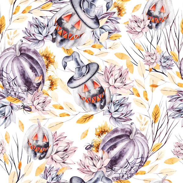 Watercolor succulents and pumpkins seamless pattern. Seamless texture with objects: plants, succulent, pumpkins. Hand painted vintage halloween background.
