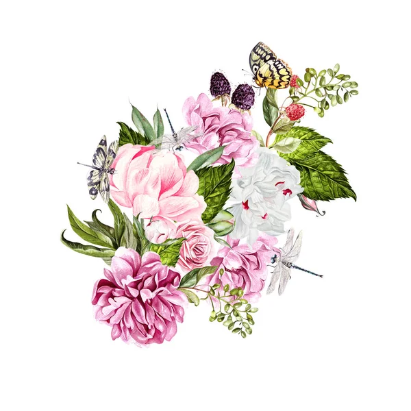 Akvarell bukett med blommor av pion och rosor, berryes och trollslända. Illustration — Stockfoto