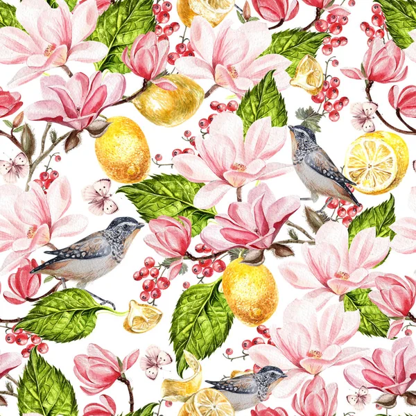 Fondo sin costuras con acuarelas magnolia y limón. Berryes, mariposas y pájaros. Preciosas flores de jardín realistas . —  Fotos de Stock