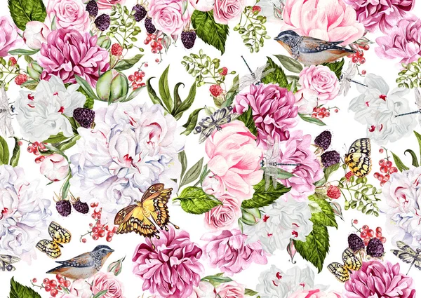 Modello acquerello con fiori di peonia e rose, bacche e uccelli. Lamponi, ribes e more . — Foto Stock