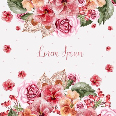 Güzel gül ve pansies çiçek ile Suluboya düğün kartı.