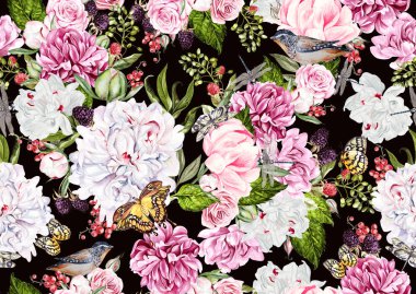 Şakayık ve gül, berryes ve kuşlar çiçekleri ile suluboya desen. Ahududu, kuş üzümü ve böğürtlen.