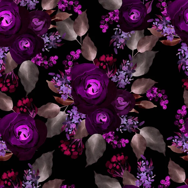 Helles, farbenfrohes, nahtloses Muster mit Rosen und Beeren. — Stockfoto