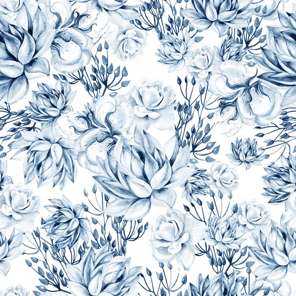 Aquarel vetplanten naadloze patroon. Naadloze textuur met objecten: planten, sappig, rozen, katoen. Handgeschilderde Vintage tuinieren achtergrond. — Stockfoto
