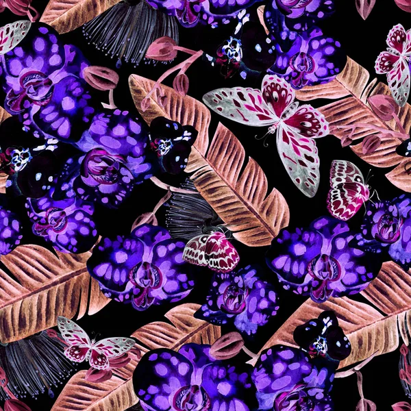 Wunderschönes Aquarellmuster mit Orchideenblüten, Palmblättern und Schmetterling. — Stockfoto