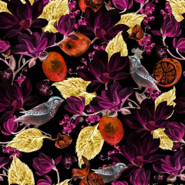 Suluboya manolya ve limon ile dikişsiz arka plan. Böğürtlenler, kelebekler ve kuşlar. Güzel gerçekçi bahçe çiçekleri. 