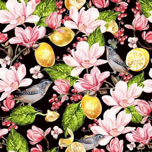 水彩画のマグノリアとレモンとシームレスな背景。ベリー、蝶と鳥。素敵な現実的な庭の花. — ストック写真