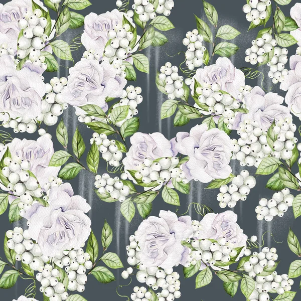 Beautiful Seamless pattern with watercolor tender roses and snowberry. — Stock Photo, Image