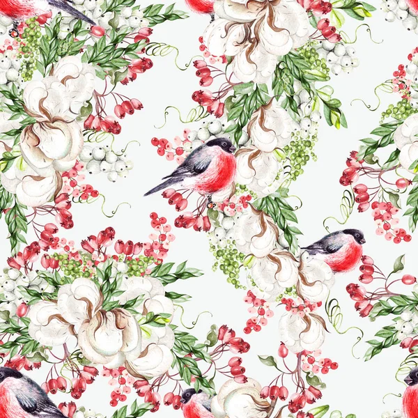 불핀치 새, 면, 눈 베리가 있는 아름다운 크리스마스 트리 패턴. — 스톡 사진