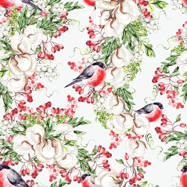 Beautiful watercolor Christmas pattern with bullfinch birds, cotton and snowberry. — Stock Image Beautiful watercolor Christmas pattern with bullfinch birds, cotton and snowberry. Stock Picture
