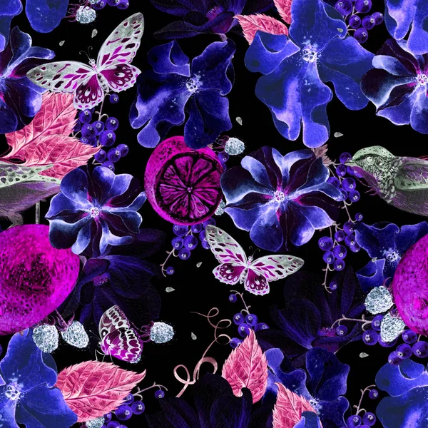 Naadloze achtergrond met aquarellen Petunia, Magnolia en citroen. Berryes, vlinder en vogels. Mooie realistische tuin bloemen. — Stockfoto