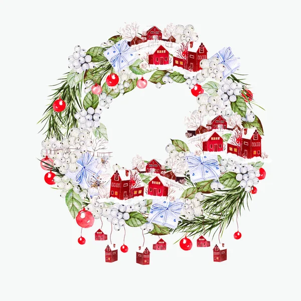 Heller Aquarell-Weihnachtskranz mit lustigem Winterdorf, Blumen und Geschenken. — Stockfoto