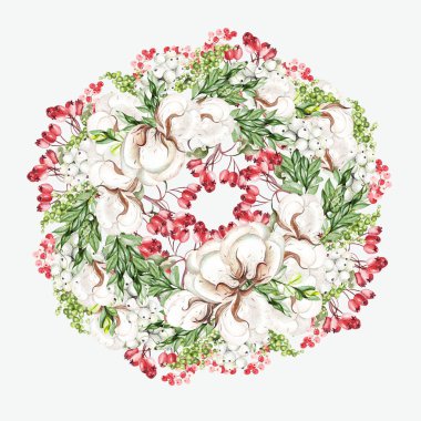 Pamuklu ve karmersinli güzel suluboya Noel çelengi.. 