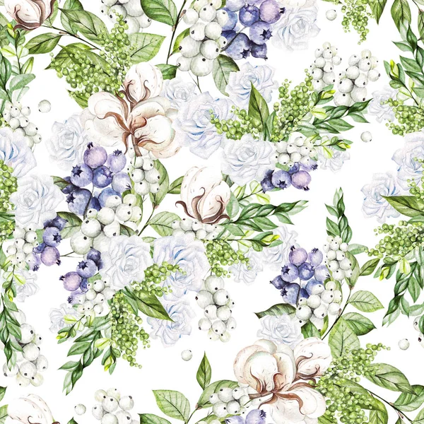 Wunderschönes nahtloses Muster mit zarten Rosen in Aquarell und Schneebeeren, Baumwolle und Blaubeeren. — Stockfoto