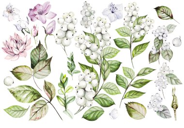 Noel hediyeleri, oyuncak, süs eşyaları ile güzel suluboya Noel kartı. Bir Noel ağacı ve koniler.