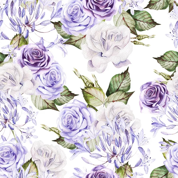 Schöne Aquarell nahtlose Muster mit weißen und lila Rosen, Knospe. — Stockfoto