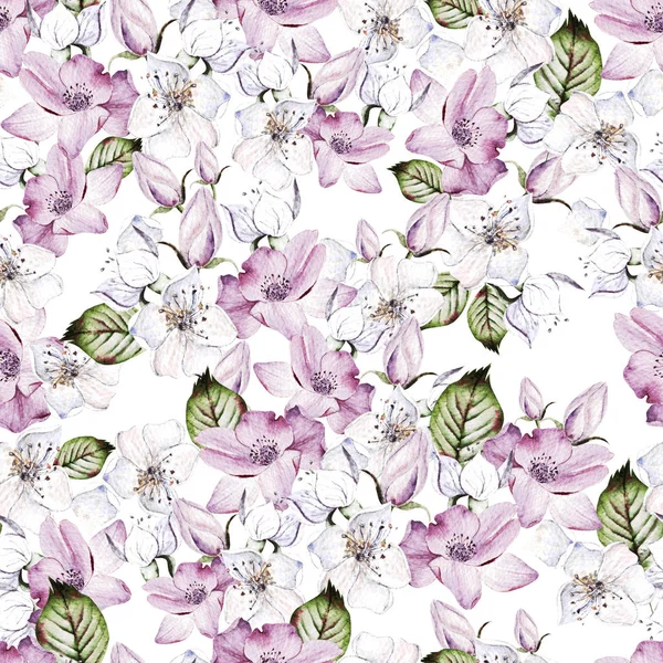 Beautiful Watercolor seamless pattern with anemone and flowers. — Stock Photo, Image