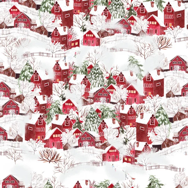 मजेदार शीतकालीन गांव के साथ उज्ज्वल वाटर कलर क्रिसमस सीमलेस पैटर्न . — स्टॉक फ़ोटो, इमेज