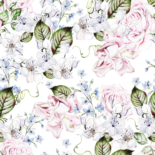 Aquarell zarte Hochzeit nahtloses Muster mit Rosen und verschiedenen Blumen. — Stockfoto
