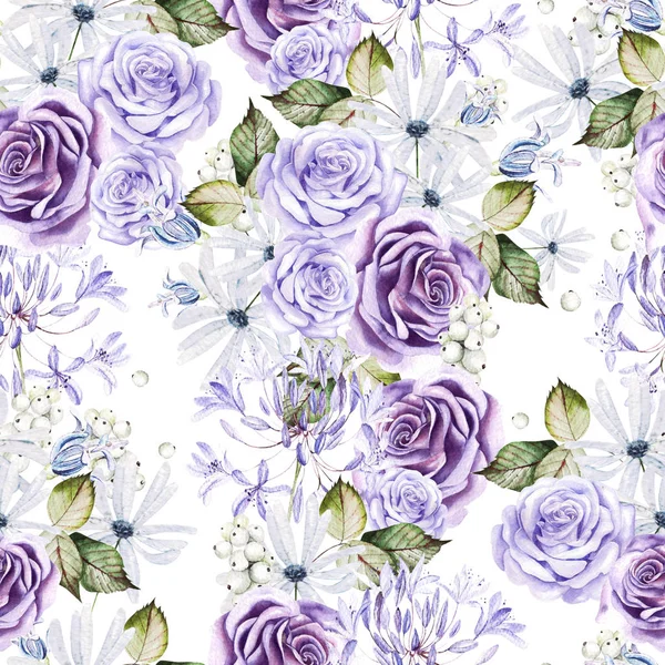 Magnifique aquarelle motif sans couture avec des roses blanches et violettes, bourgeon et fleurs . — Photo