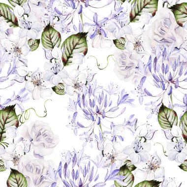 Suluboya hassas düğün güller ve farklı çiçeklerle kusursuz desen. 