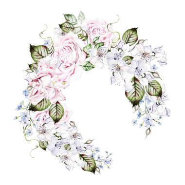 Güllü ve tomurcuklu güzel suluboya düğün çelengi.