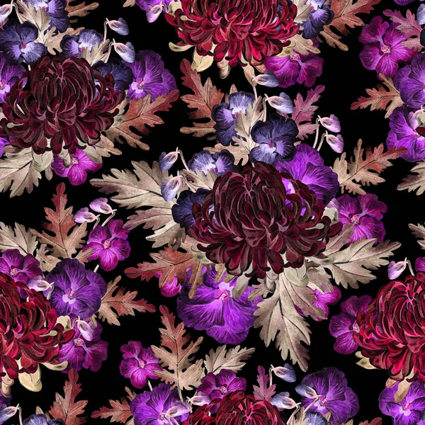 Krizantem ve menekşeler çiçekleri ile parlak suluboya sonbahar Dikişsiz desen.