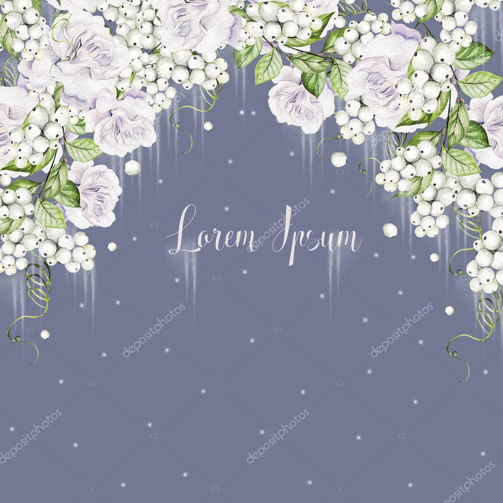 Beautiful watercolor winter wedding card with watercolor snowberry, leaves and tender roses. 