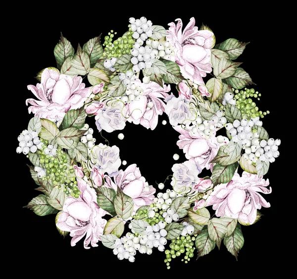 Όμορφο στεφάνι γάμου ακουαρέλα με τριαντάφυλλα, μπουμπούκι και βατόμουρο. — Φωτογραφία Αρχείου