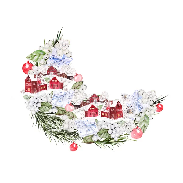 Bright watercolor buket Natal dengan lucu musim dingin desa, bunga dan hadiah
. Stok Foto Bebas Royalti