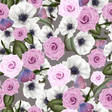 Güller ve şakayık çiçekleri ve yapraklarıyla güzel renkli desenler.. 