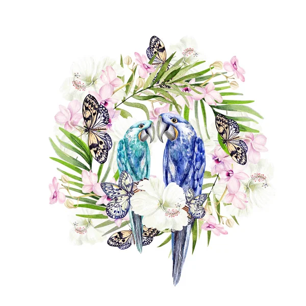 Schöner Aquarellstrauß mit tropischen Blättern und Orchideenblüten, Papageien. — Stockfoto